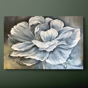 Big Rose Canvas Wall Art, White Blue Floral Canvas Print, Blue White Yellow Detailed Flowers Canvas Painting, Ready to Hang