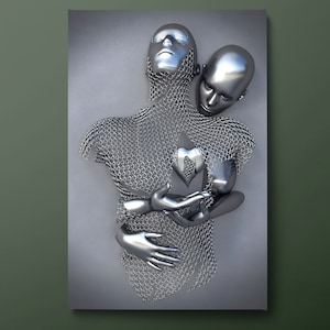Lienzo decorativo 3D de pareja abrazándose, impresión en lienzo de pareja plateada, pintura en lienzo de pareja enamorada con corazón plateado, listo para colgar