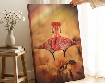 Flamingo Couple Canvas Print, Floral Wall Artwork, Romantic Bird Picture, Tropical Home Decor
