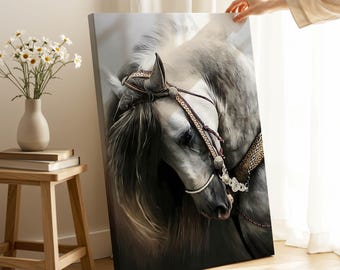 Gray Horse Canvas Art, Elegant Equestrian Portrait Wall Art Prints, Minimalist Office & Home Decor