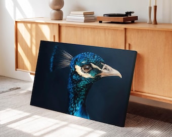 Blue Peacock Portrait Canvas Print, Regal Bird Artwork, Vibrant Wall Picture, Modern Home Decor