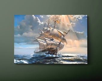 Sailing Ship Canvas Wall Art, Pirate Ship Canvas Print, Sailing Boat Canvas Painting, Ready to Hang