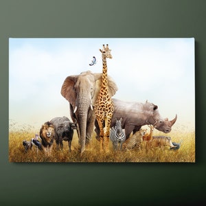 Wild Animals Canvas Wall Art, Giraffe Elephants Canvas Print, Zebra Tiger Turkey Canvas Painting, Ready to Hang