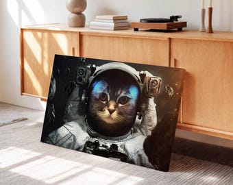 Cat Astronaut Canvas Print, Surreal Space Artwork, Cosmic Cat Wall Picture