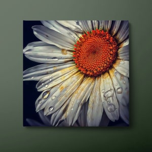 Quadro su tela con margherite, stampa su tela con fiori bagnati, grande dipinto su tela con margherite bianche e arancioni, pronto da appendere