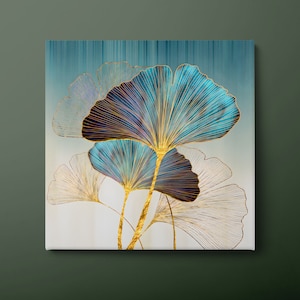 Ginkgo Flower Canvas Wall Art, Gold Blue Flower Canvas Print, Navy Blue Ginkgo Canvas Painting, Ready to Hang