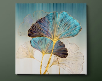 Ginkgo Flower Canvas Wall Art, Gold Blue Flower Canvas Print, Navy Blue Ginkgo Canvas Painting, Ready to Hang