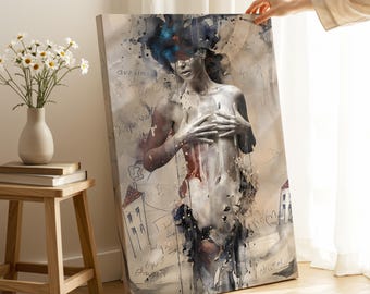 Abstract Woman Canvas Print: Beige & Orange Surrealist Art, Ready to Hang