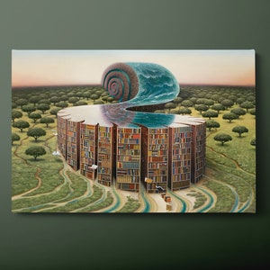 Arte mural en lienzo de biblioteca surrealista, impresión en lienzo de río de biblioteca, pintura abstracta en lienzo de estantería, lista para colgar