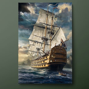 Sailboat on the Sea Canvas Wall Art, Battle Ship Canvas Print, Pirate Ship Canvas Painting, Ready to Hang