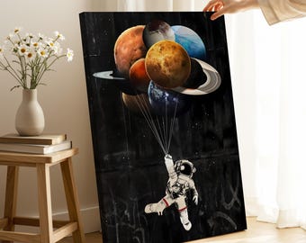 Astronaut Graffiti Canvas Art: Balloon Planets, Ready to Hang