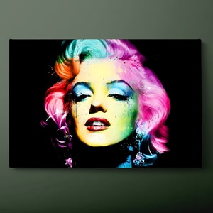 Stampa su tela di Marilyn Monroe, famosa stampa su tela dell&#39;artista, dipinto su tela rosa, blu, nero e rosso, pronto da appendere.