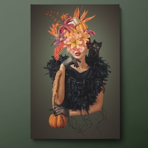 Woman in Flowers Canvas Wall Art, Woman and Black Cat Canvas Print, Animal and Beautiful Woman Canvas Painting, Ready to Hang