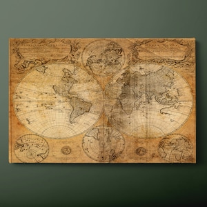 Vintage wereldkaart canvas muurkunst, vintage kaart van de wereld canvas print, geografische wereldkaart canvas schilderij, klaar om op te hangen