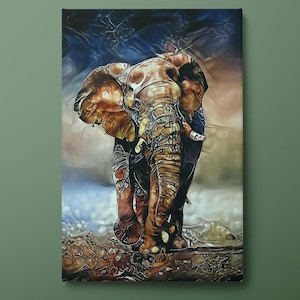 Elephant Canvas Wall Art, Blue Elephant Canvas Print, Gold Detailed Elephant Canvas Painting, Ready to Hang