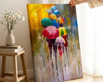 Colorful Umbrellas Canvas Print: Abstract People Painting, Ready to Hang