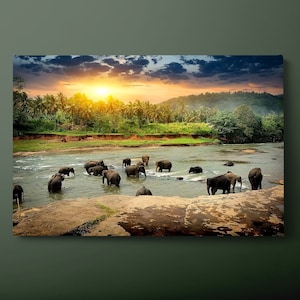 Herd of Elephants Canvas Wall Art, Flock of Elephants Canvas Print, Animal on the River Side Jungle Canvas Painting, Ready to Hang