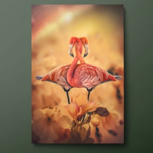 Flamingo Couple Canvas Wall Art, Floral Canvas Print, Flamingo on Flowers Canvas Painting, Ready to Hang
