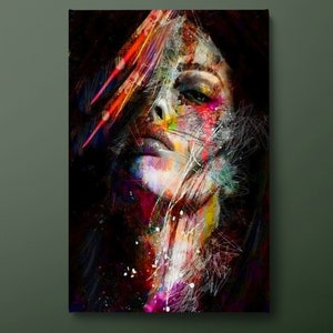 Arte de parede em tela com rosto de mulher abstrata, impressão em tela colorida de mulher, pintura em tela com rosto feminino, pronta para pendurar