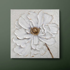 White Flower Canvas Wall Art, Minimalist White Flower Canvas Print, Modern White Daisy Canvas Painting, Ready to Hang