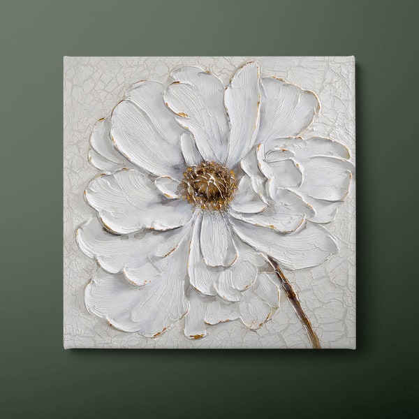 White Flower Canvas Wall Art, Minimalist White Flower Canvas Print, Modern White Daisy Canvas Painting, Ready to Hang