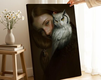 Owl and Woman Canvas Print: Ready to Hang Wall Art