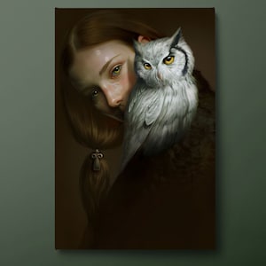 Owl and Woman Canvas Wall Art, Animal and Human Canvas Print, Beautiful Female and Owl Canvas Painting, Ready to Hang