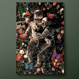 Love in Space Canvas Wall Art, Nasa Astronaut Canvas Print, Flowers and Butterflies Canvas Painting, Ready to Hang
