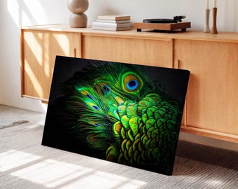 Impresión en lienzo de plumas de pavo real verde, elegante obra de arte con plumas, cuadro de pared con motivos naturales, decoración vibrante para el hogar.