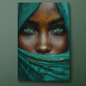 Emerald Eyes Woman Canvas Wall Art, Exotic Portrait Canvas Print, Colorful Face Canvas Wall Decor, Ready to Hang