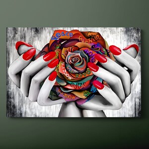 Arte de pared en lienzo con grafiti rosa, impresión en lienzo con grafiti negro y rojo, pintura en lienzo con flor de grafiti roja, lista para colgar