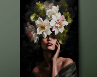 Floral Woman Canvas Wall Art, Flowers Canvas Print, Floral Head Canvas Painting, Ready to Hang