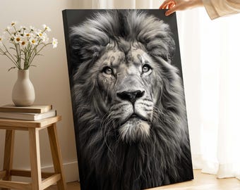 Canvasafdruk leeuwportret, zwart-witte dierenmuurkunst, modern interieur