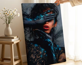 Abstract Woman Canvas Art: Blue Neon Portrait, Ready to Hang