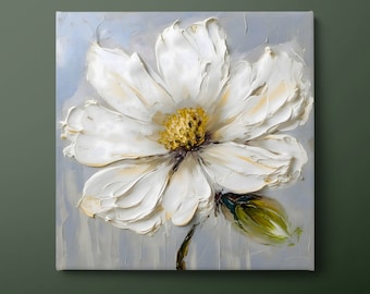 Daisy Canvas Wall Art, White Floral Canvas Print, Flowers Canvas Painting, Ready to Hang