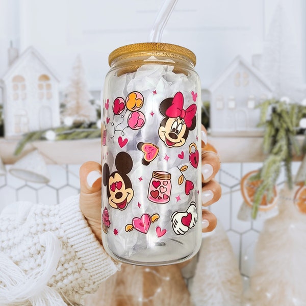 Disney  Glass Cup with Straw | Libbey Glass | Disney Tumbler | Holiday Cup | Iced Coffee Gift For Her | Glass Tumbler