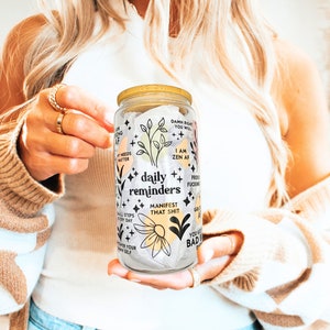 Self Love cup Daily Affirmations Glass Cup 160z, Daily Affirmations Tumbler, Gift for Her, Gift for Best Friend, Mental Health Gift, tumbler