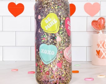 Valentine Glitter Conversation Hearts Iced Coffee Glass Cup with Lid & Straw, Libbey Beer Can Glass, Snowglobe tumbler, Galentine's Gift
