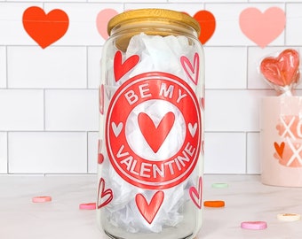 Valentines Tumbler with Hearts 16 oz Glass Cup with Lid & Straw, Can Beer Glass, Valentine, Glass Tumbler, Aesthetic Glass Can, gift for her