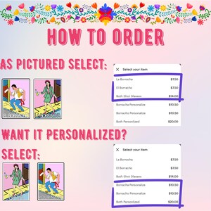 May include: How to order a personalised shot glass set. Choose from two designs: La Borracha or El Borracho.  The price is &pound;7.50 for one glass, &pound;14.00 for both, &pound;10.50 for one personalised glass, or &pound;20.00 for both personalised glasses.