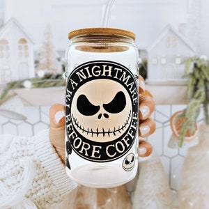 Alptraum Becher, Alptraum vor der Kaffeeglastasse mit Bambusdeckel und Strohhalm, Jack Skellington, Halloween, Eiskaffeebecher, Becher