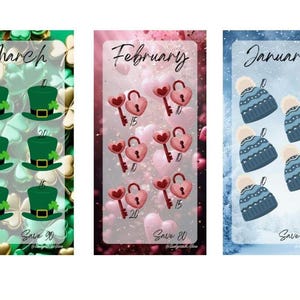 May include: Three vertical graphics with seasonal themes. March features green leprechaun hats, February shows heart-shaped locks and keys, and January displays blue knit hats. Each graphic includes a month name and a savings amount.