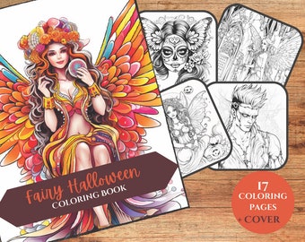 17 Halloween Themed Fairy Coloring Pages, PDF Printable, Fairy, Halloween Coloring Pages, Grayscale Coloring Book for Adults and Teenagers