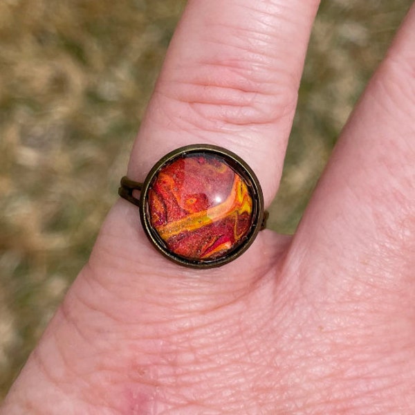 Small Red Abstract Ring, Flow Art, Fluid Art Jewelry, Quirky Ring, Cottage Core Jewelry, Boho Jewelry, Handpainted, Red Gypsy Ring, Artistic