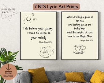 Impressões de arte de parede com letras do BTS | Pacote de 7 pôsteres minimalistas, Primavera da Europa, Loja de magia, Somos à prova de balas, Presente para o exército, Download digital