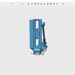Pode incluir: Um modelo 3D de um mecanismo de metal azul com uma engrenagem redonda e uma alavanca. O mecanismo é projetado para mover-se para cima e para baixo.