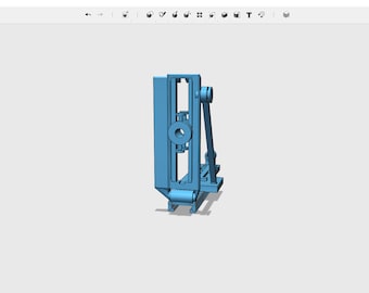 May include: A 3D model of a blue metal mechanism with a round gear and a lever. The mechanism is designed to move up and down.