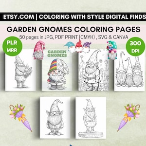 Garden Gnomes Coloring Pages for Teens & Adults | Get 4 files - PNG, PDF, SVG and Canva Link for editing | Free Resell Rights included
