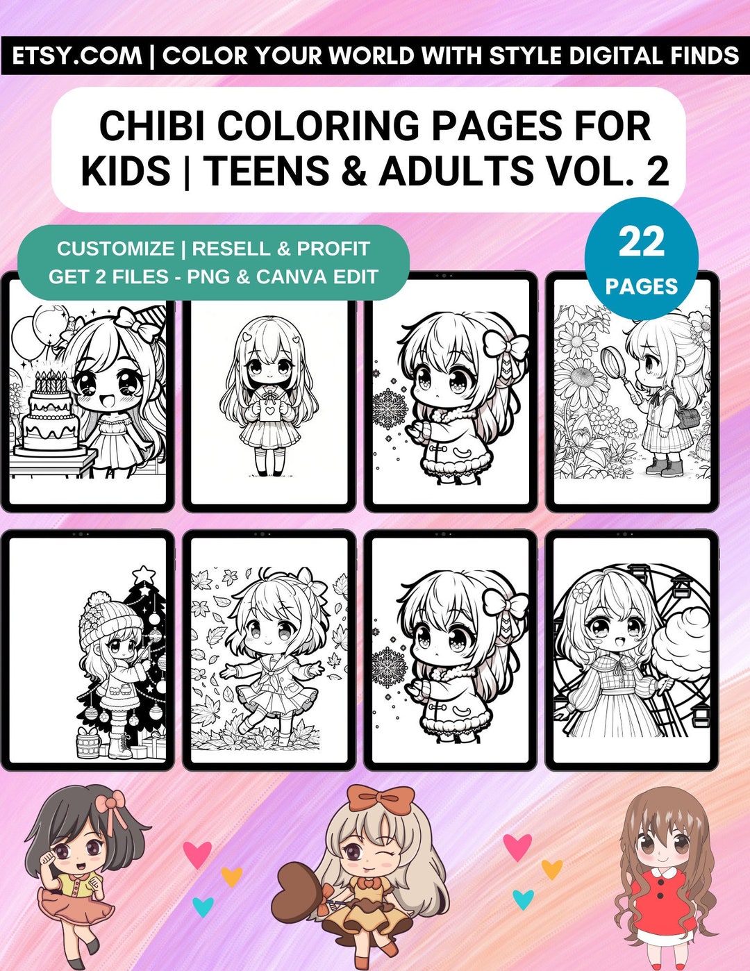 CHIBI Coloring Pages for Kids Teens &amp; Adults VOL. 2 With Free ...
