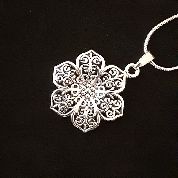 Awesome Silver Filigree Flower Mandala Necklace on Silver Snake Chain with Magnetic Clasp! Free Gift Wrapping + Free Shipping! Great Gift!